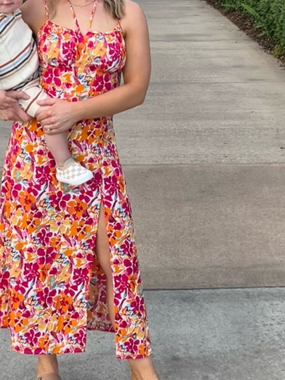 SHEIN Pink Orange Floral Halter Midi Dress